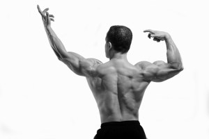 A slight variation to the common 'back double biceps' compulsory body-building pose. 